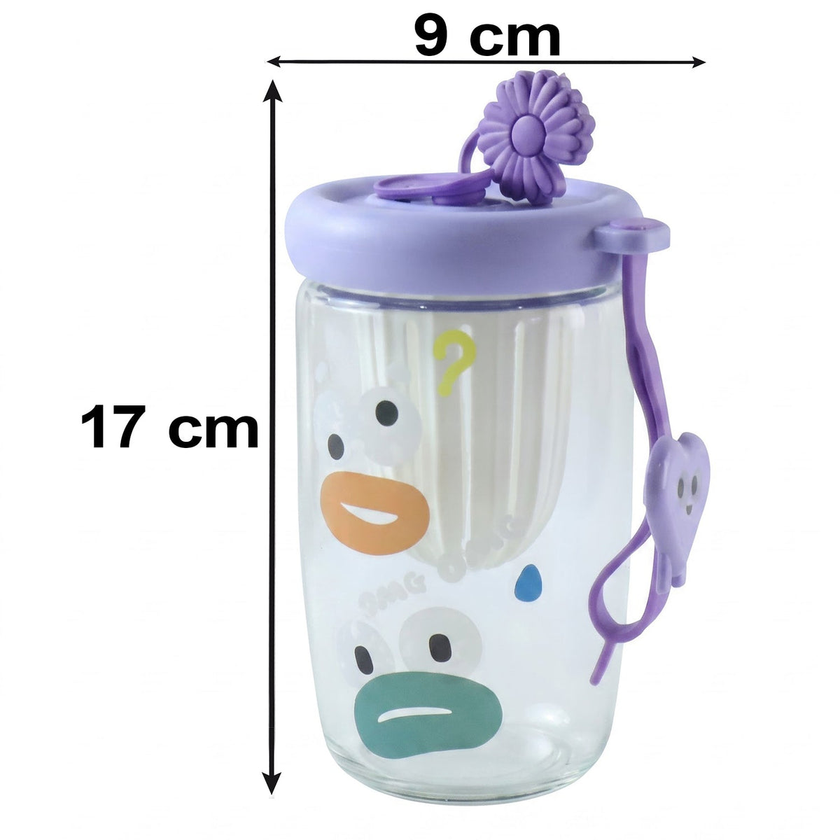A clear glass tea sipper cup with a purple lid and cartoon duck face design is shown with dimensions of 17 cm height and 9