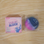 Blue flush toilet cleaner block with refreshing white peach scent.