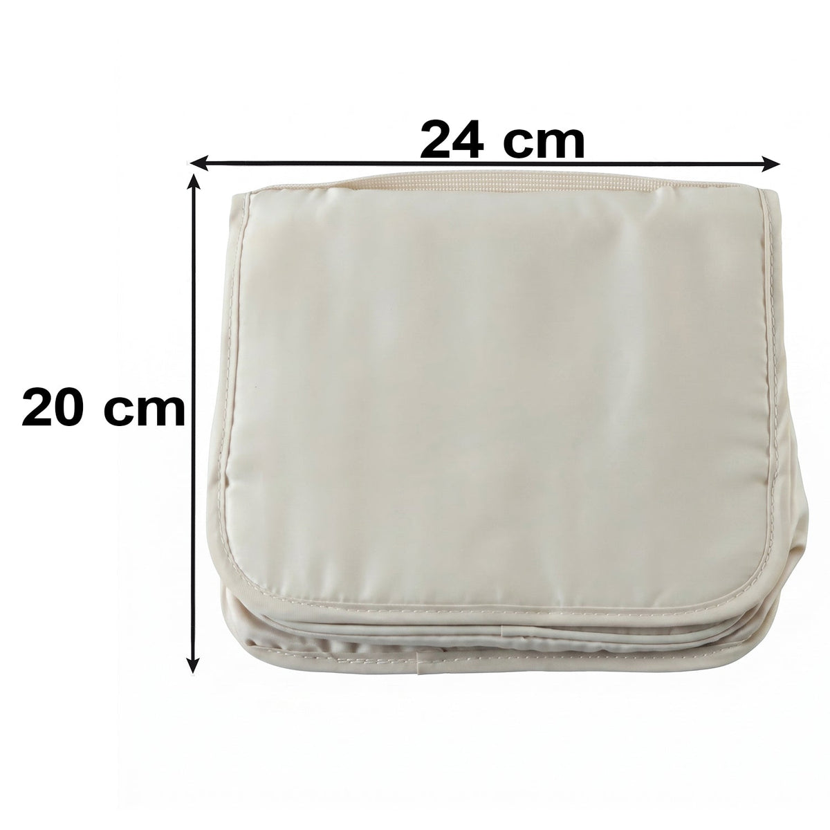 A folded beige toiletry bag with dimensions shown: 24 cm width and 20 cm height.