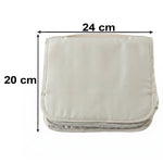A folded beige toiletry bag with dimensions shown: 24 cm width and 20 cm height.