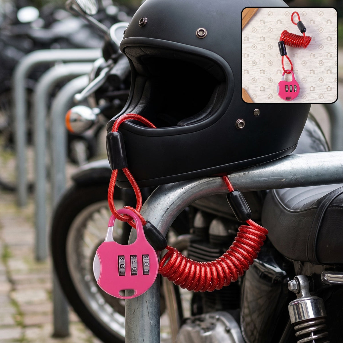 A black motorcycle helmet is secured to a bike rack with a pink combination lock and red coiled cable.