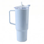 A light blue handled travel tumbler with a clear lid and straw on a white background.