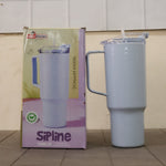 A light blue handled tumbler stands next to its product box, which features a similar image.
