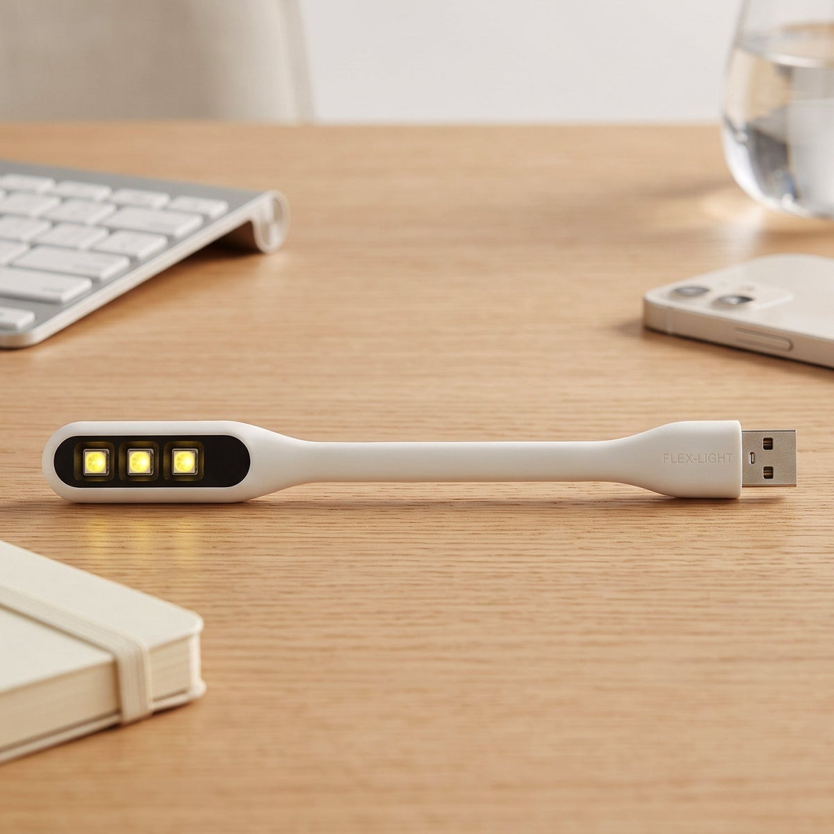 A white flexible USB LED light with three yellow LED bulbs sits on a light wooden desk next to a notebook and phone.