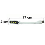 A white flexible USB LED light with three yellow LED bulbs and a USB-A connector, showing dimensions of 17 cm by 2 cm.