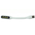 A white flexible USB LED light with three yellow LED bulbs and a USB-A connector on a white background.
