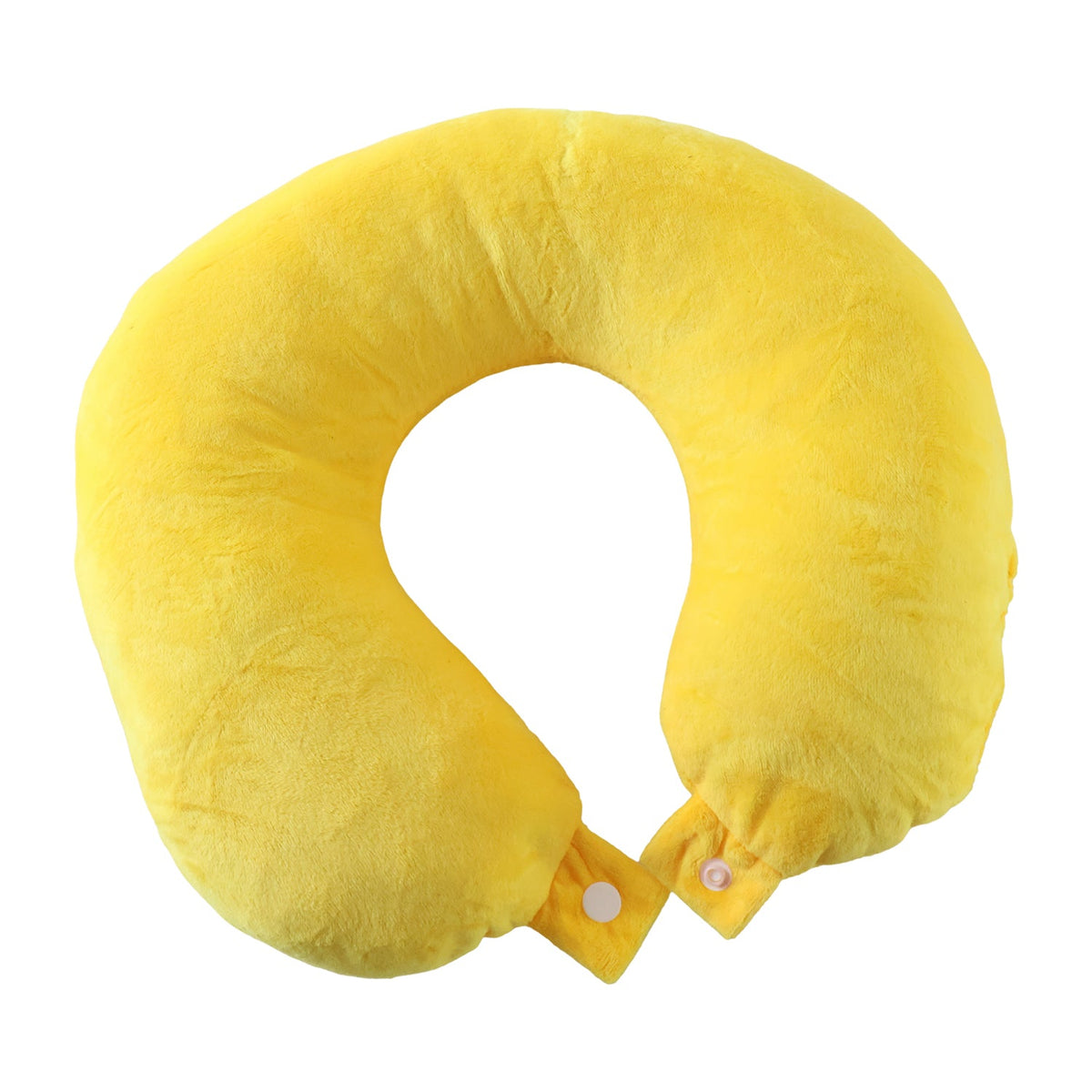 A vibrant yellow U-shaped neck pillow with two white snap buttons on its ends is displayed on a white background.