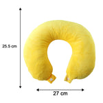 A yellow U-shaped neck pillow with snap buttons is shown with dimensions: 25.5 cm height and 27 cm width.
