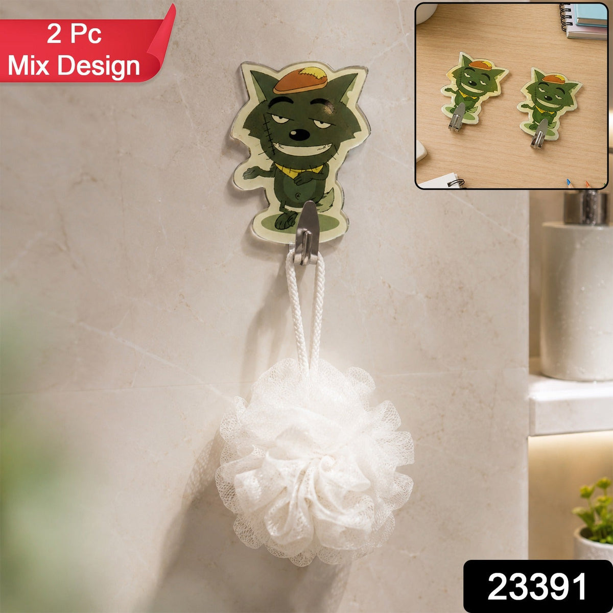 A green cartoon wolf hook holds a white bath pouf on a tiled bathroom wall, with a '2 Pc Mix Design' label.