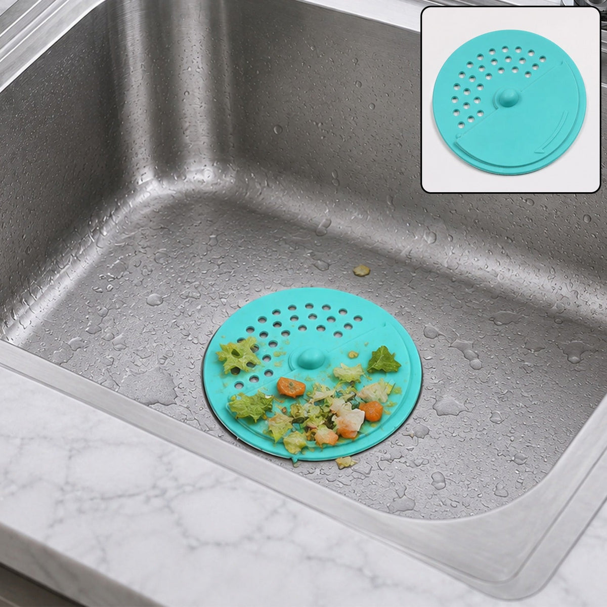 A teal silicone sink drain cover with food scraps in a stainless steel sink, with an inset showing the clean cover