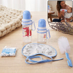 Plastic baby feeding bottle set with bib, brush and cotton buds