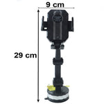 A black car mount phone holder with a textured grip and silver-ringed base is shown with dimensions of 29 cm height and 9 cm