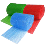 Close-up of a colorful air bubble packing roll, highlighting the protective bubbles.