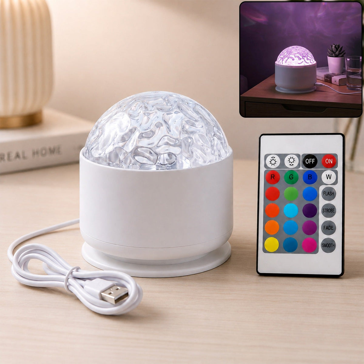 A white LED projection light with a clear textured dome and a remote control on a wooden table.