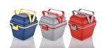 Side view of the durable plastic lunch box, highlighting its handle and push lock.
