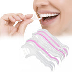 Close-up view of a dental floss pick demonstrating easy tooth cleaning.