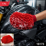 A red microfiber chenille wash glove with suds on a black motorcycle tank, with a smaller inset image of the glove. (1 Pc)