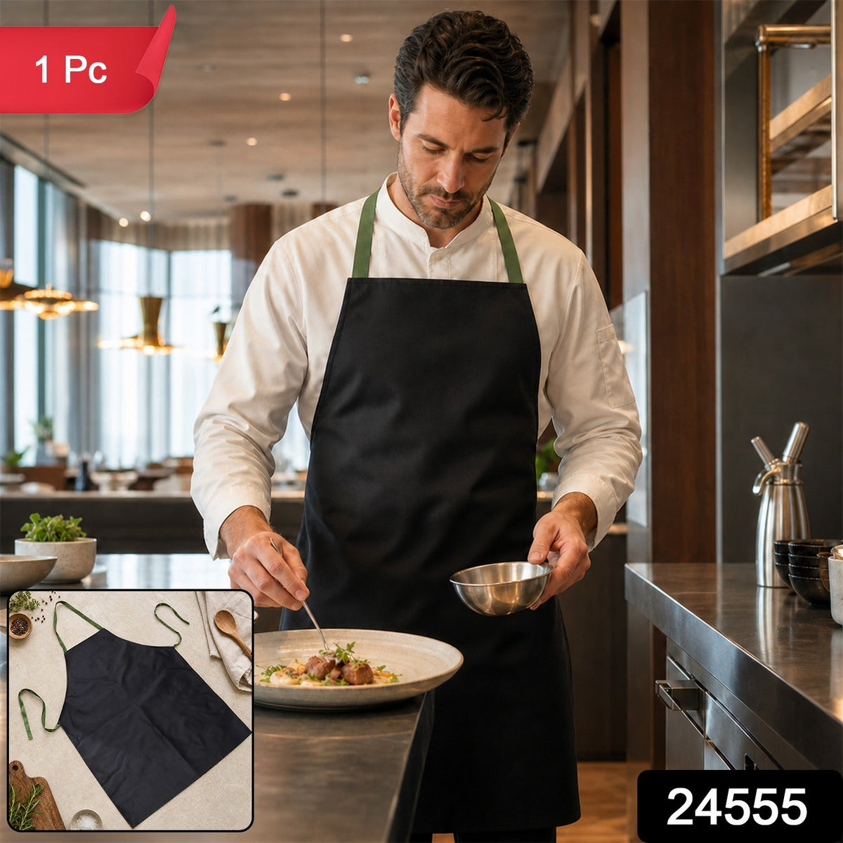 A chef in a white uniform and a black apron with green straps garnishes a dish in a modern kitchen, with an inset – view 2