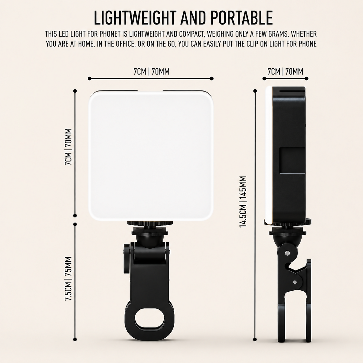 Front and side views of the square LED video light with a clip, showing its dimensions in centimeters and millimeters.