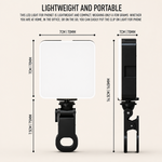 Front and side views of the square LED video light with a clip, showing its dimensions in centimeters and millimeters.