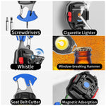 A collage of six images shows the keychain light's features: screwdrivers, cigarette lighter, whistle, window-breaking