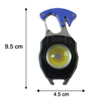 The black and silver keychain light with a blue clip is shown with dimensions: 9.5 cm height and 4.5 cm width.