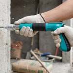 A person wearing white gloves uses a teal and black manual nail gun on a concrete wall, with an inset showing the – view 3