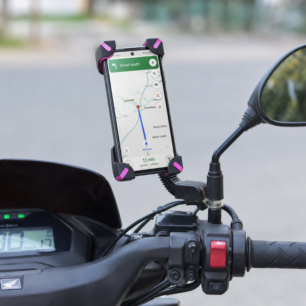 Phone holder mounted on a bicycle mirror stem