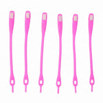 Six individual bright pink silicone no-tie shoelaces with white clasps, arranged vertically on a white background.