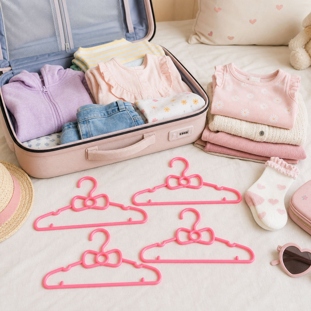 Four pink bow-shaped plastic hangers lie on a bed next to an open suitcase filled with baby clothes.