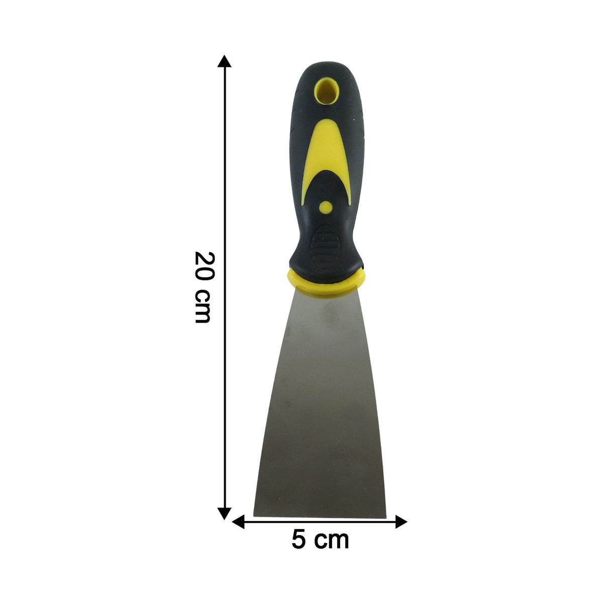 A stainless steel putty knife with a black and yellow handle is shown with dimensions of 20 cm length and 5 cm width.