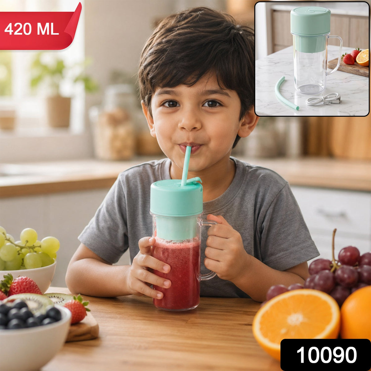 A young boy sips a red smoothie from a clear blender bottle with a mint green lid and straw inkitchen setting.