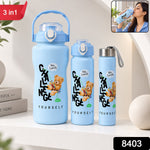 Three light blue water bottles with a teddy bear graphic, with an inset of a woman drinking from one bottle.
