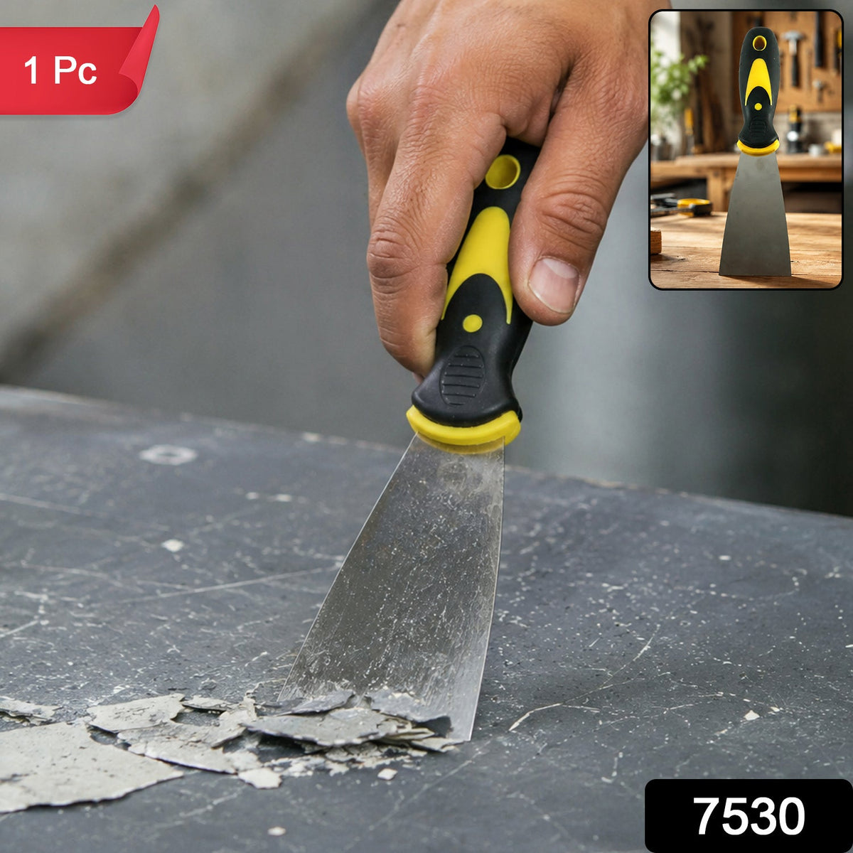 A hand uses a black and yellow handled putty knife to scrape paint chips from a dark surface, with a 1 Pc label.