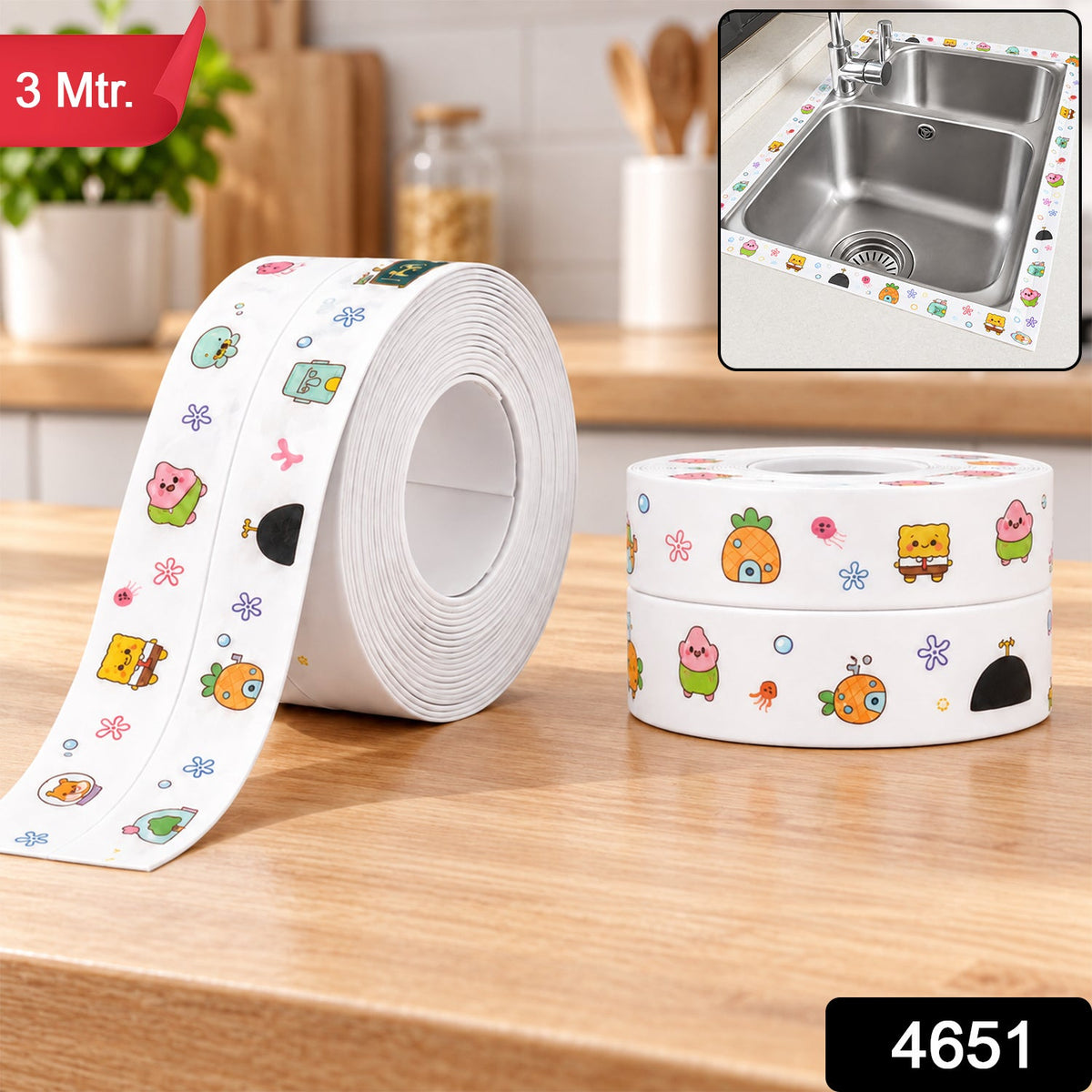 A roll of cartoon-printed sealing tape on a wooden counter with an inset showing it applied around a kitchen sink.