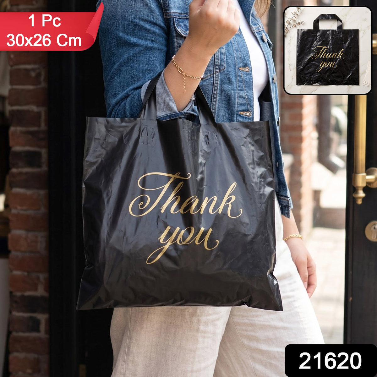 A person in a denim jacket holds a black plastic 'Thank You' bag with gold script, with product details overlaid.