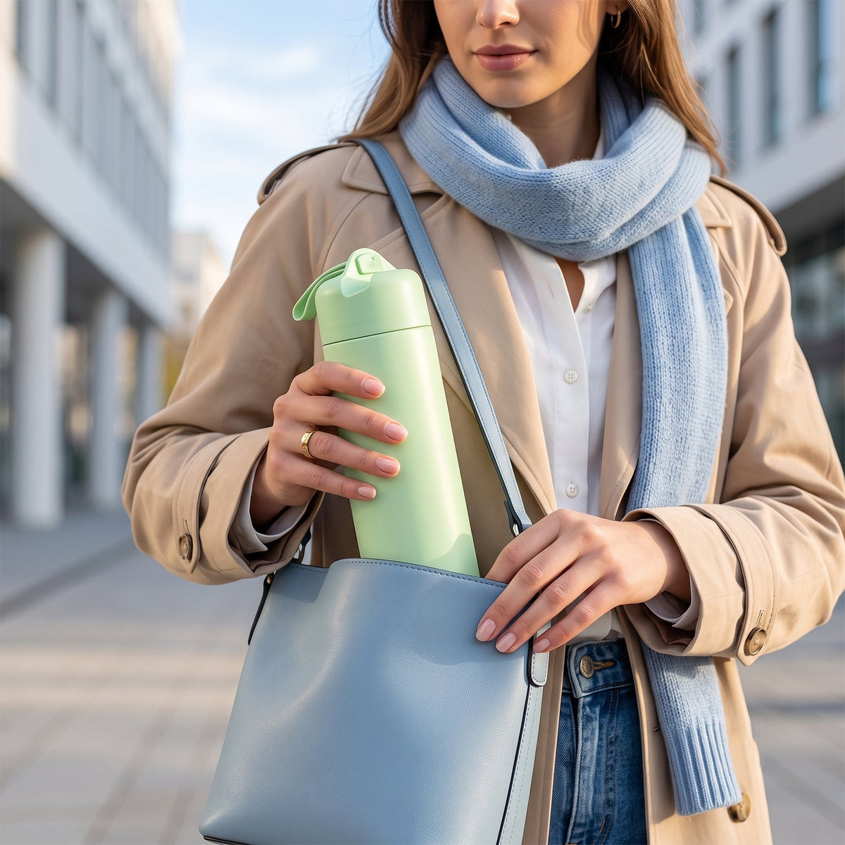 A woman placing a light green glass water bottle with a silicone sleeve into a light blue handbag while walking outdoors.
