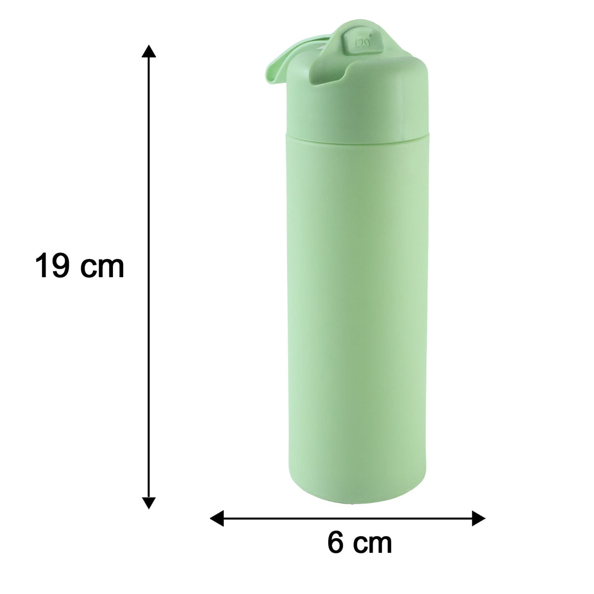 A light green glass water bottle with a silicone sleeve standing upright, with dimensions of 19 cm height and 6 cm width.