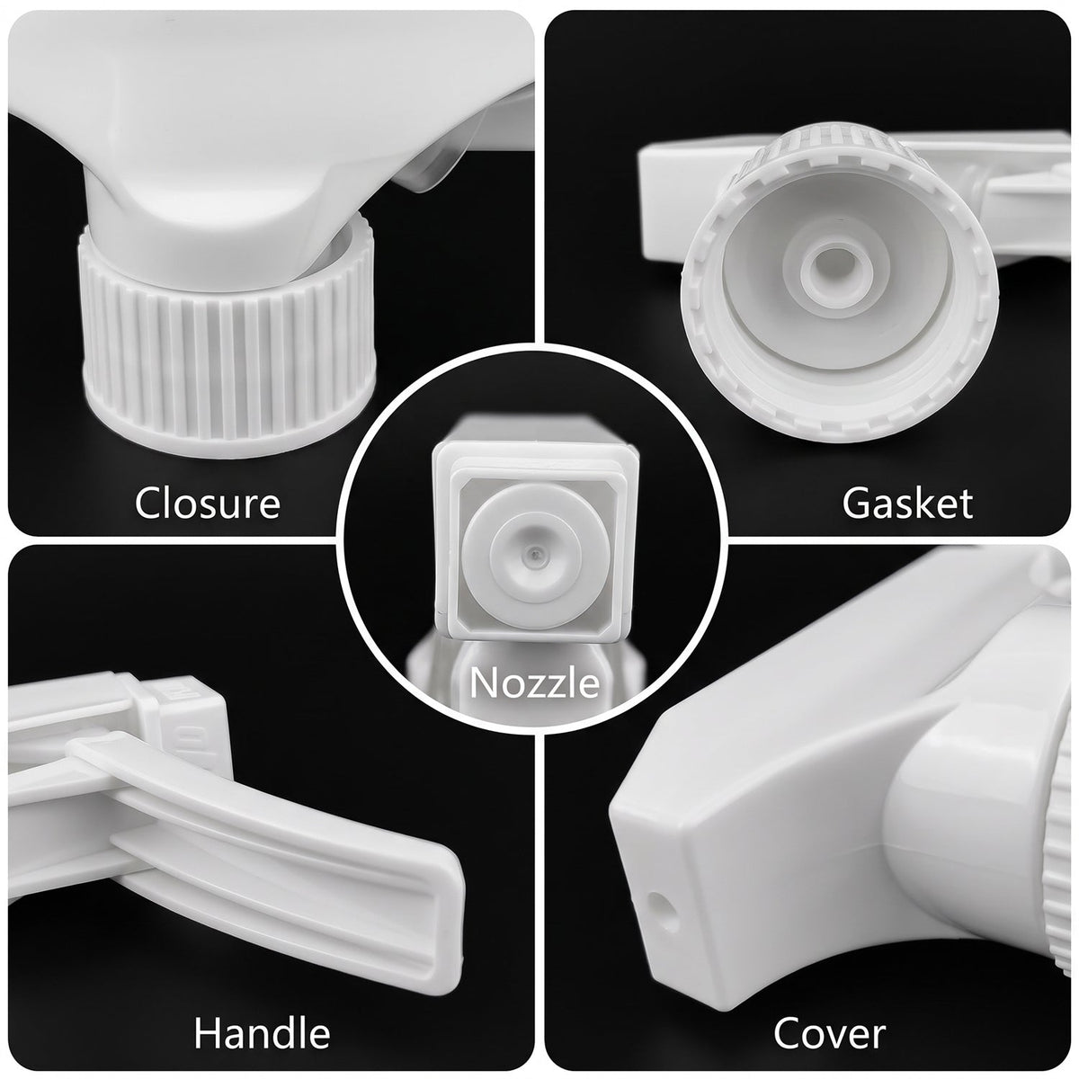 A collage shows close-up details of the white spray nozzle: closure, gasket, nozzle, handle, and cover.