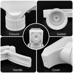 A collage shows close-up details of the white spray nozzle: closure, gasket, nozzle, handle, and cover.