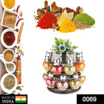 Close-up of the plastic spice rack set with clear jars and stainless steel caps.
