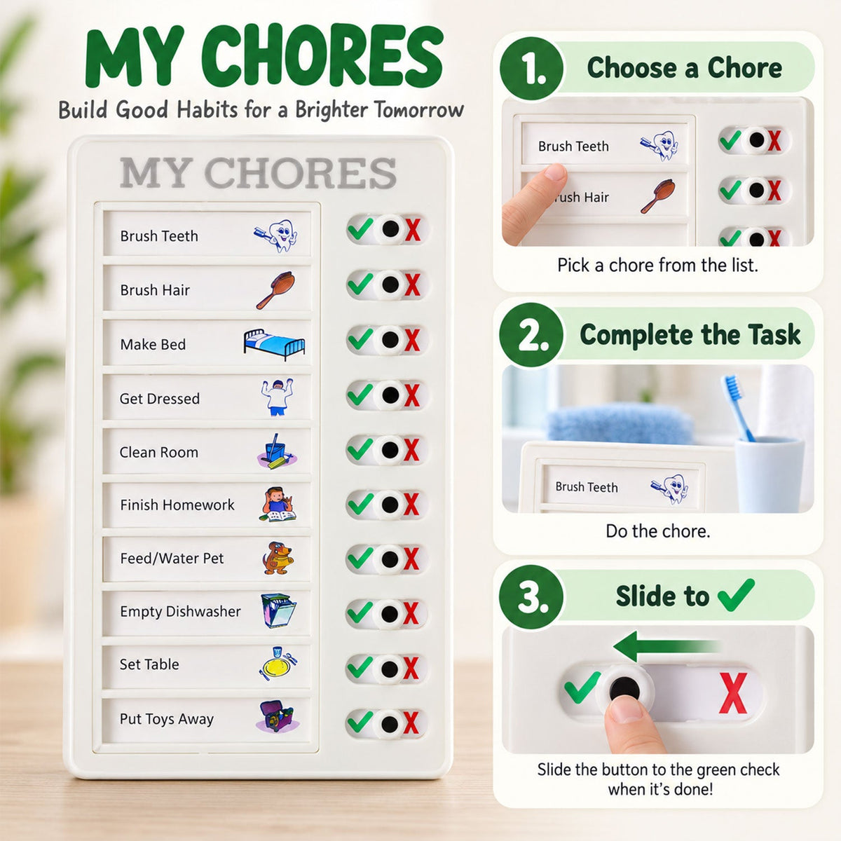 A chore board next to a three-step guide: choose a chore, complete the task, and slide the indicator to green.