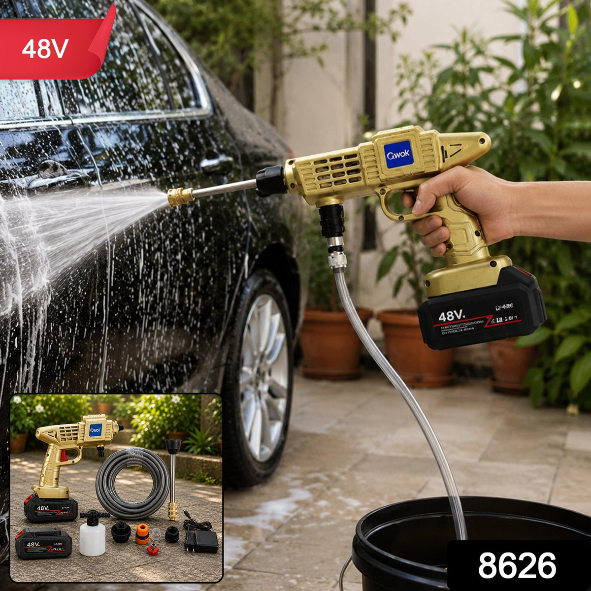 A gold and black cordless pressure washer with a 48V battery attached, shown on a white background.