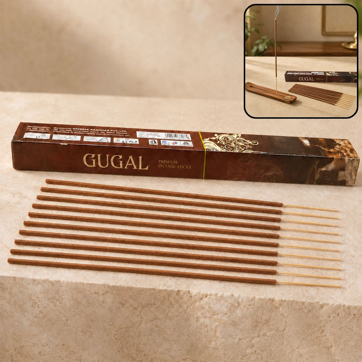 A brown box of GUGAL premium incense sticks with ten sticks laid out and an inset of a burning stick.