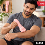 A man uses a pink bear paw massager on his arm, with an inset showing the massager and its charging cable.