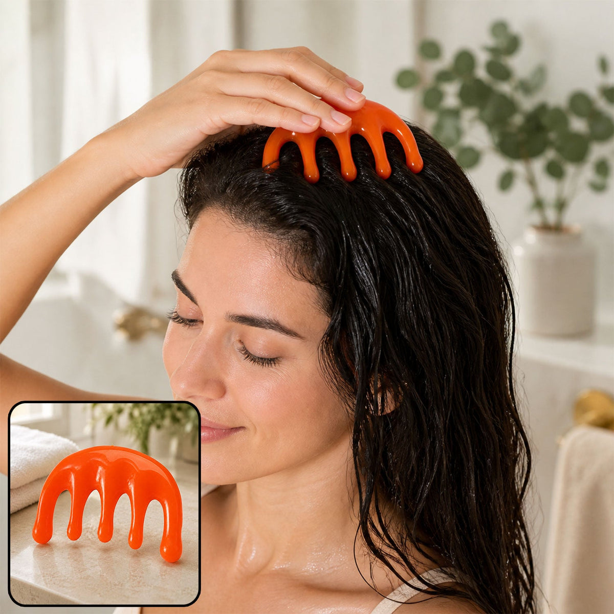 A woman with wet hair uses an orange scalp massager, with an inset showing the massager alone.