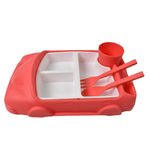Complete 4-piece Kids Car Lunch Box Set including the cup, fork, and spoon.