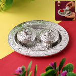 Oval shape puja thali with kumkum holders for traditional rituals