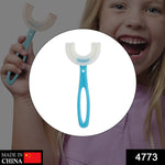 A white circle highlights a blue U-shaped toothbrush over a blurred image of a smiling girl.