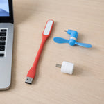 3 in 1 USB laptop accessory combo showing USB LED light, mini fan, and OTG adapter